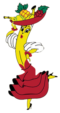 a banana in a red dress with a hat