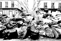 a black and white drawing of garbage bags on a street