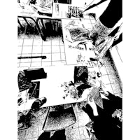 a black and white image of a group of people at a table