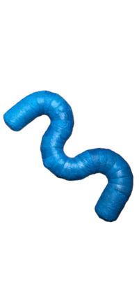 a blue plastic worm laying on a black background